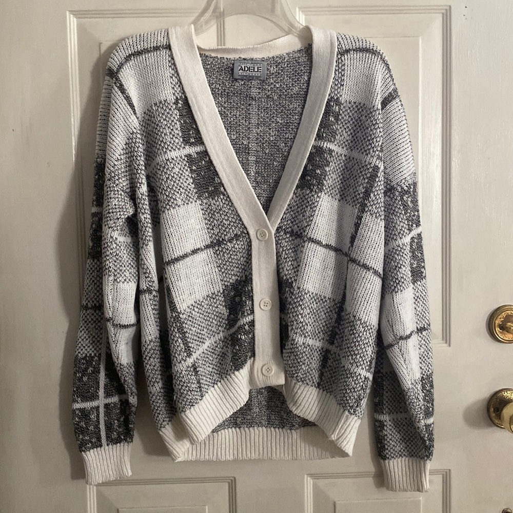 Vintage Adele White and Grey Plaid Button Cardigan